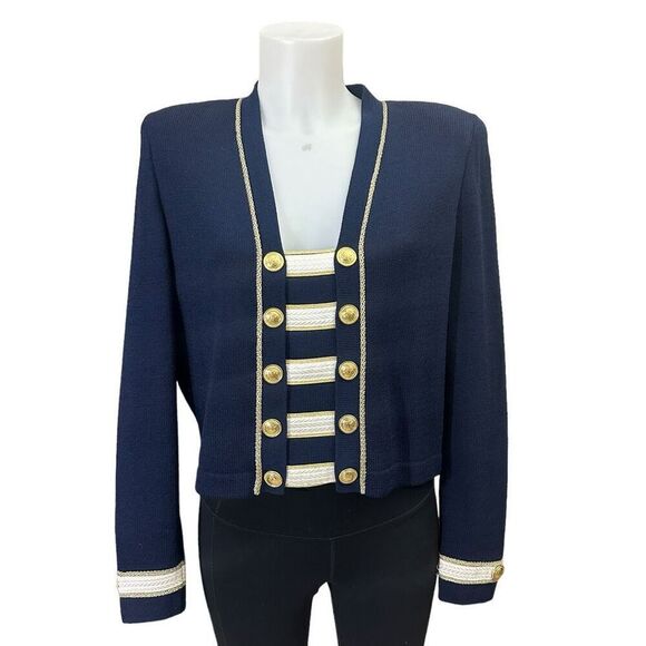 St. John Striped Navy Cropped Cardigan Blazer sz 6‎ Gold Chunky Buttons Nautical - Picture 1 of 10